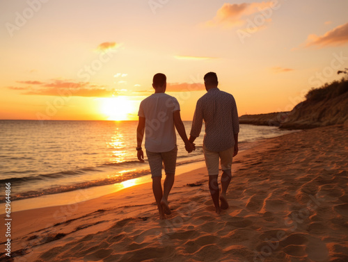 Two gay men holding hands while walking down a sandy beach at sunset.  