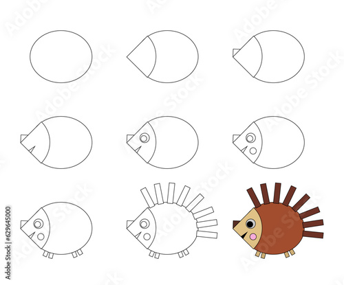 Worksheet easy guide to drawing cartoon hedgehog. Simple step-by-step drawing tutorial for kids.