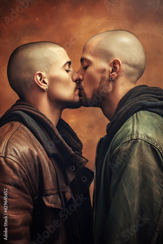 Generative AI illustration of Young gay couple gay man in love bald kissing