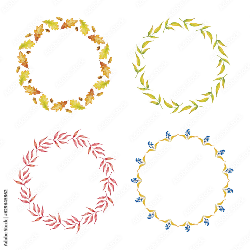 Herbal circle frame set. Watercolor painted plants and leaves on white background. Herbal circle frame set. Watercolor painted plants and leaves on white background.
