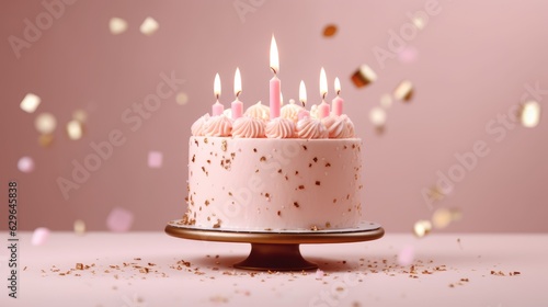 A festive birthday cake with lighted candles stands on a stand on the table.