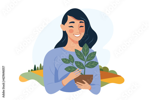Young woman holding plant with soil. Growing and caring. Gardening concept. Regenerative Agriculture. Flat vector illustration.
