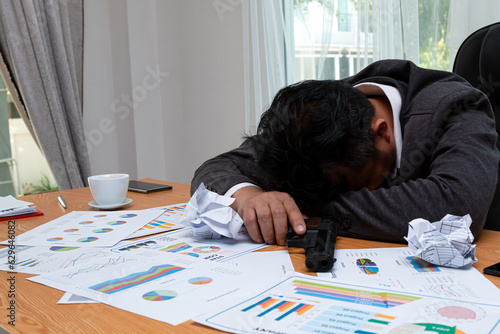 Canvastavla Cruel Intentions: Asian Businessman sleeping holding a Gun in High-Stress Enviro