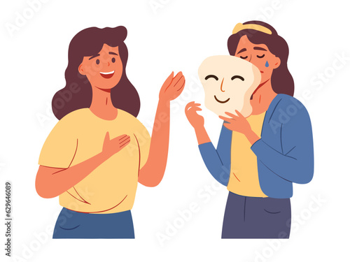 Unhappy person hiding real upset emotion Sad woman pretending happy, everything is okay. Feeling, disguised fake smiling mask. Flat graphic vector illustration isolated on white background.