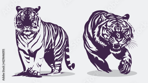 Tiger silhouette design on white background. Movement of the tiger. Vector set. 