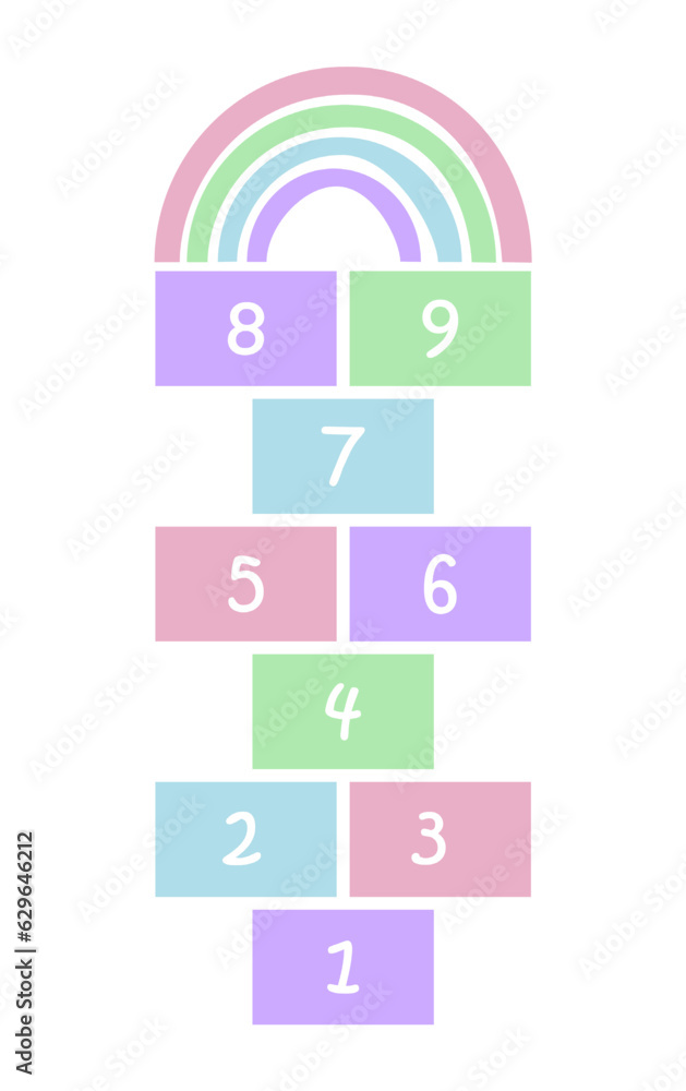 Hopscotch game isolated on white. Soft colors and a rainbow at the top. Learning numbers from 1 to 9. Traditional game for children. Hopscotch game isolated on white. Soft colors and a rainbow at the top. Learning numbers from 1 to 9. Traditional game for children.