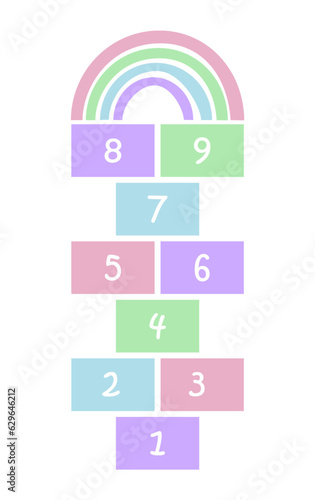 Hopscotch game isolated on white. Soft colors and a rainbow at the top. Learning numbers from 1 to 9. Traditional game for children.