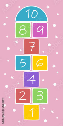 Colorful hopscotch game on pink background with small stars and circles. Fun learning game.