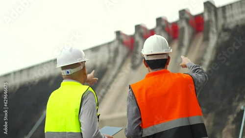 Confident asian two maintenance engineers man inspection with in tablet at construction site dam with hydroelectric power plant and irrigation. Team engineer man working at project big building.and ir
