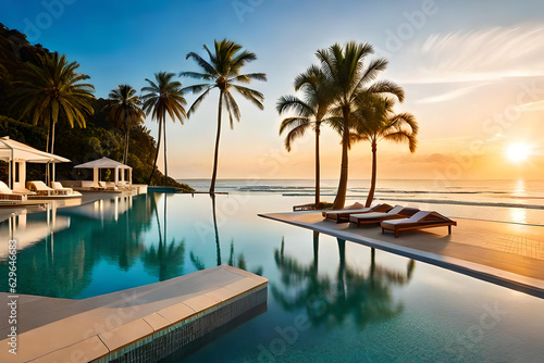 image of a luxurious swimming pool with loungers, umbrellas, palm trees, a beach, the sea © MuhammadAshir