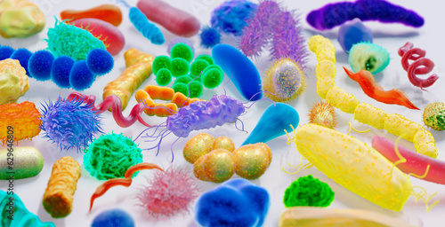 Different colorful shapes and types of bacteria, could represent good gut bacteria, germs, dirt, lack of hygiene, 3d illustration photo