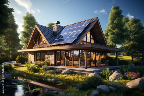 House with solar panels on the roof. Sustainable and clean energy at home © Paulius