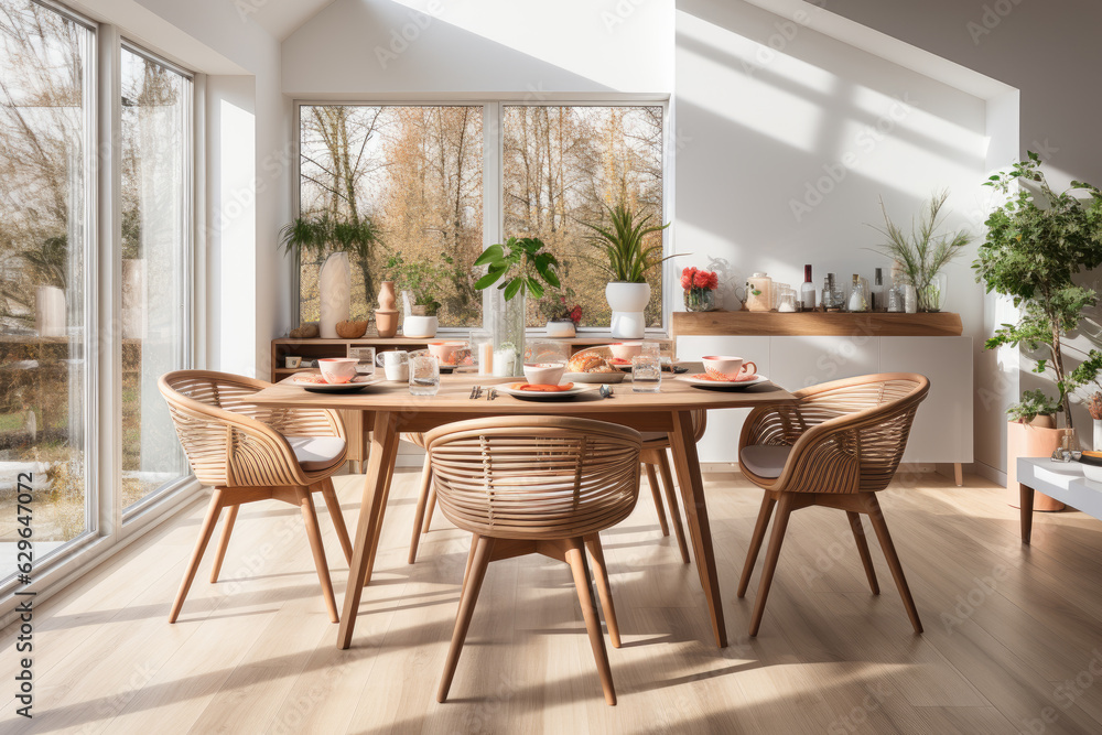 Mockup of light modern dining room, rattan dining set, wooden table on wooden floor. Generative AI