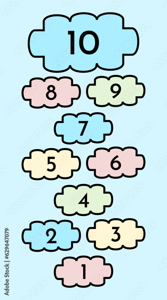 Fototapeta premium Hopscotch game with colored clouds. Learning numbers from one to ten. 