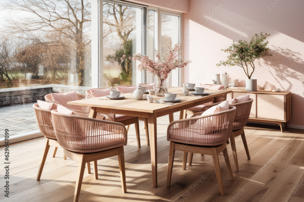 Mockup of light modern scandinavian style dining room, rattan dining set, wooden table on wooden floor. Generative AI