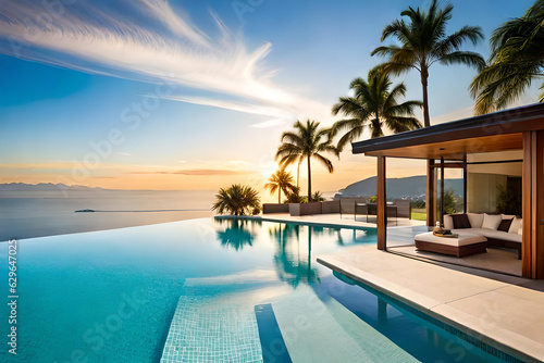 image of a luxurious swimming pool with loungers  umbrellas  palm trees  a beach  the sea