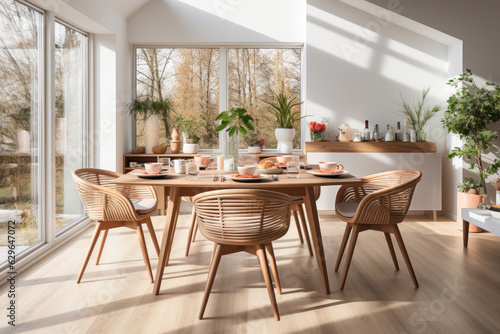 Mockup of light modern dining room, rattan dining set, wooden table on wooden floor. Generative AI © Dinara