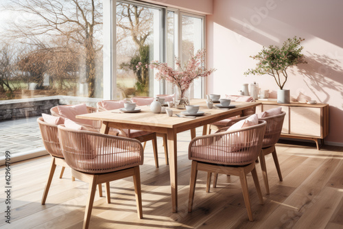 Mockup of light modern scandinavian style dining room  rattan dining set  wooden table on wooden floor. Generative AI
