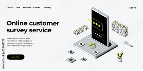 Online review concept in isometric vector illustration. Customer survey or reputation rating via mobile internet on smartphone. User feedback service on product or app. Web banner layout template.
