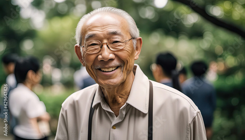 Friendly asian grandfather outdoors with copy space
