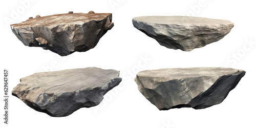 Collection set of flat rocks, stone podium for display product isolated on transparent or white background, png photo