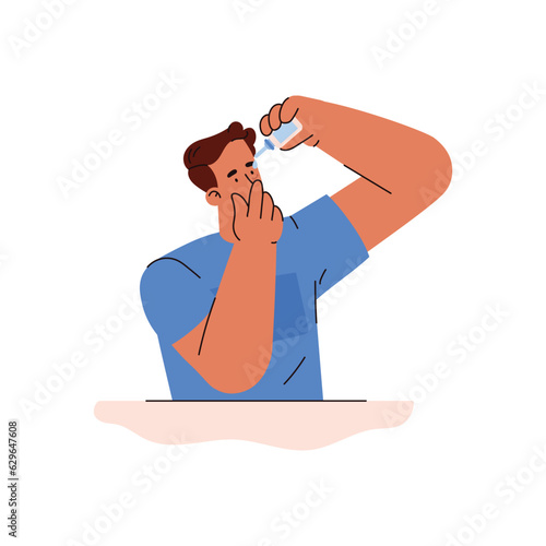Man dripping a drop moisturizing liquid into the eye, therapy treatment to improve vision correction vector illustration