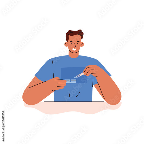 Man tweezers take out a contact lens from the container to vision correction or change eye color vector illustration