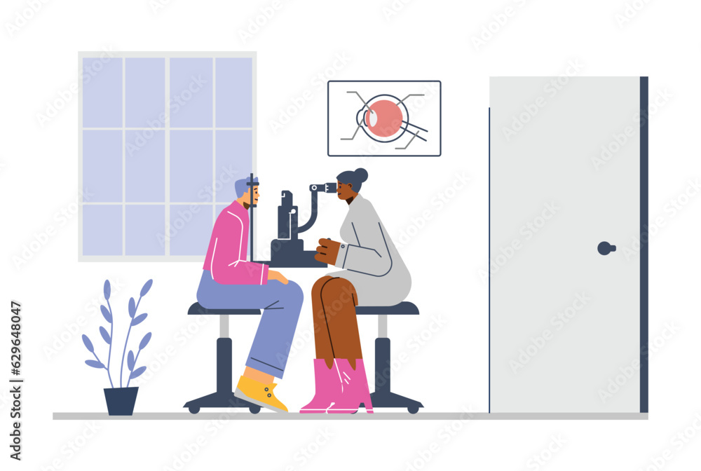 Ophthalmologist checking eyes of patient using eye microscope test machine in medical clinic vector flat illustration