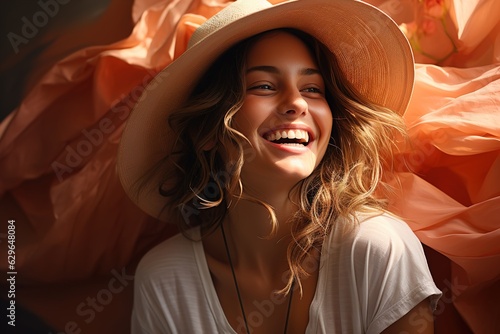 laughing girl on a pink background portrait