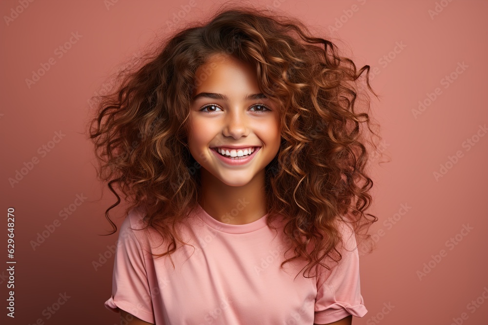 Fototapeta premium portrait of a laughing girl on a pink background