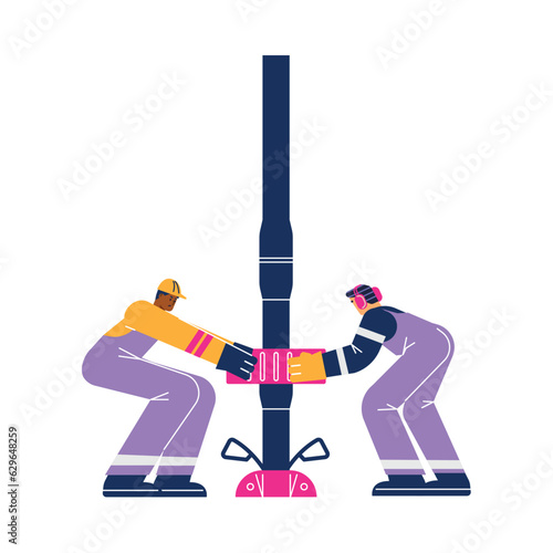 Oil industry workers in process of maintaining the operation of drilling rig, driller mechanic work vector illustration