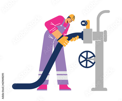 Oil industry worker holding a pipe, repair of the oil and gas production and processing system vector flat illustration