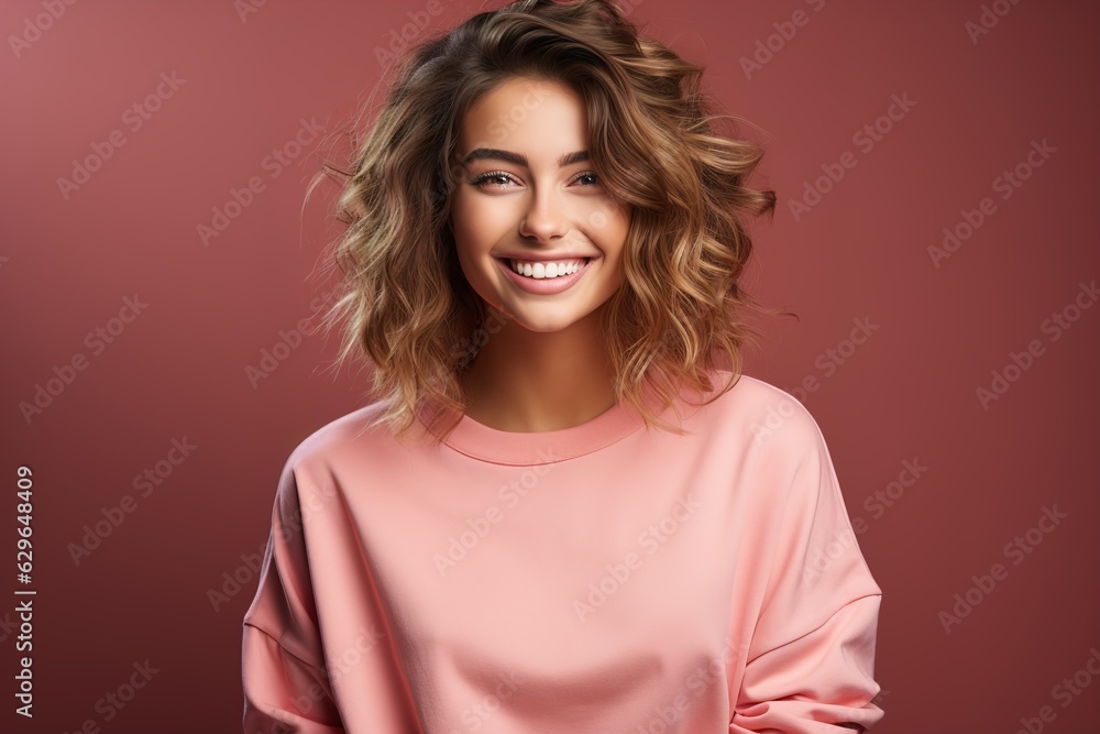 portrait of a laughing girl on a pink background portrait of a laughing girl on a pink background