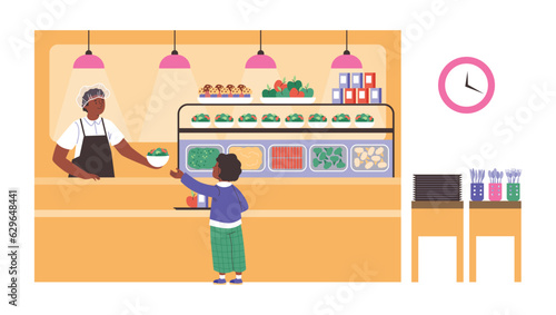 Vector cartoon illustration of interior of school cafeteria with staff, schoolchild takes drinks and meal, having lunch