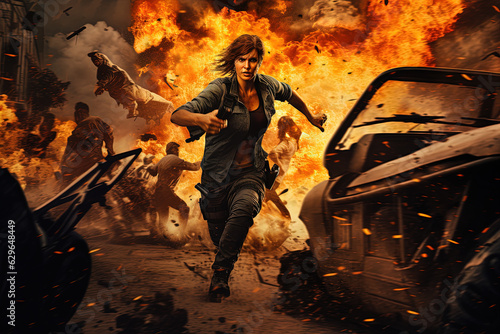 Action shot with woman on the run. Dynamic scene in action movie blockbuster style.