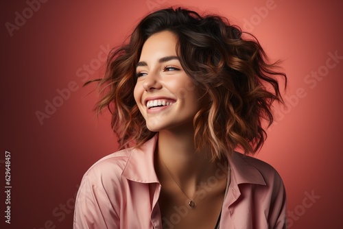 beautiful young woman smiling on a pink background