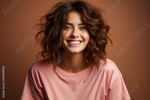 beautiful young woman smiling on a pink background © stasknop