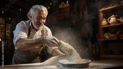 Generative AI, Old man hands of baker in restaurant or home kitchen, prepares ecologically natural pastries..