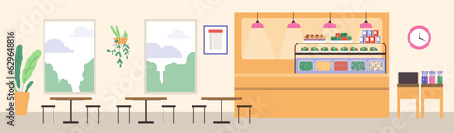 Empty canteen interior in school or collage, flat vector illustration.
