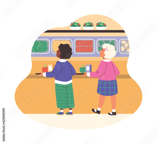 Smiling pupils with trays standing in line at school cafeteria flat style