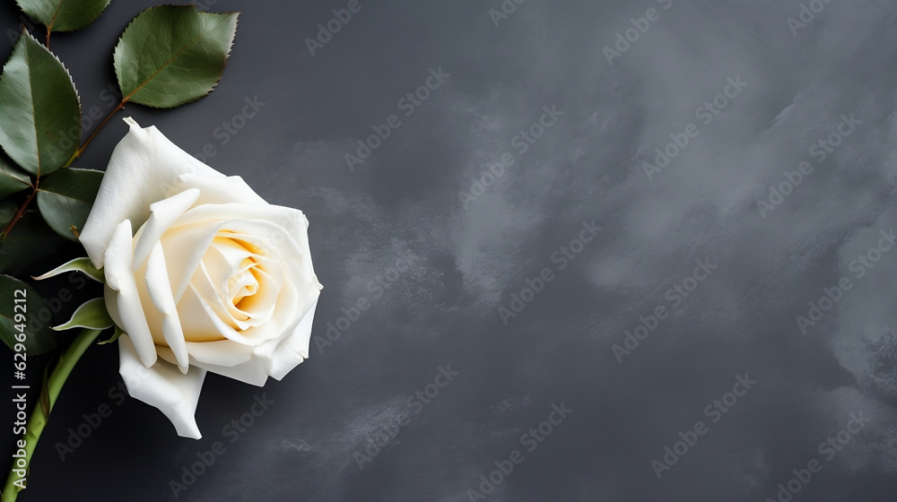 Serene Reflection: Single white rose echoes profound condolences against somber concrete background - obrazy, fototapety, plakaty 