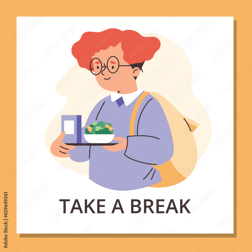 Boy carrying food tray with salad bowl, lunch break at school, square poster flat vector illustration.
