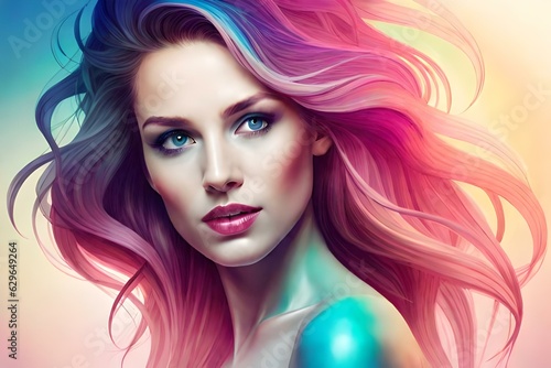 Beautiful fantasy abstract portrait of a beautiful woman double exposure with a colorful digital paint splash or space nebula. Generative AI