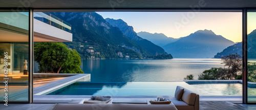 A luxurywaterfront house with a beautiful view of Lake Como in Italy. Modern architecture with a large pool for a summer getaway vacation for relaxing.