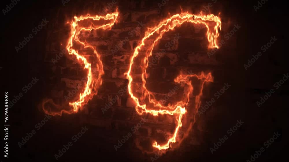 Glowing 5G backdrop. Fire Light Texture 3D 5G Cellular Network Animation. 5G technology text inscription. Stylish fire letters glow and shimmer on the black background. Glowing 5G backdrop. Fire Light Texture 3D 5G Cellular Network Animation. 5G technology text inscription. Stylish fire letters glow and shimmer on the black background.