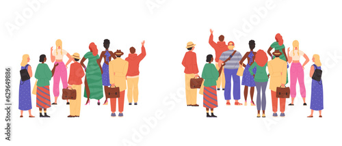 Two crowds of people vector isolated set, men and women view from back, viewed from behind various people characters