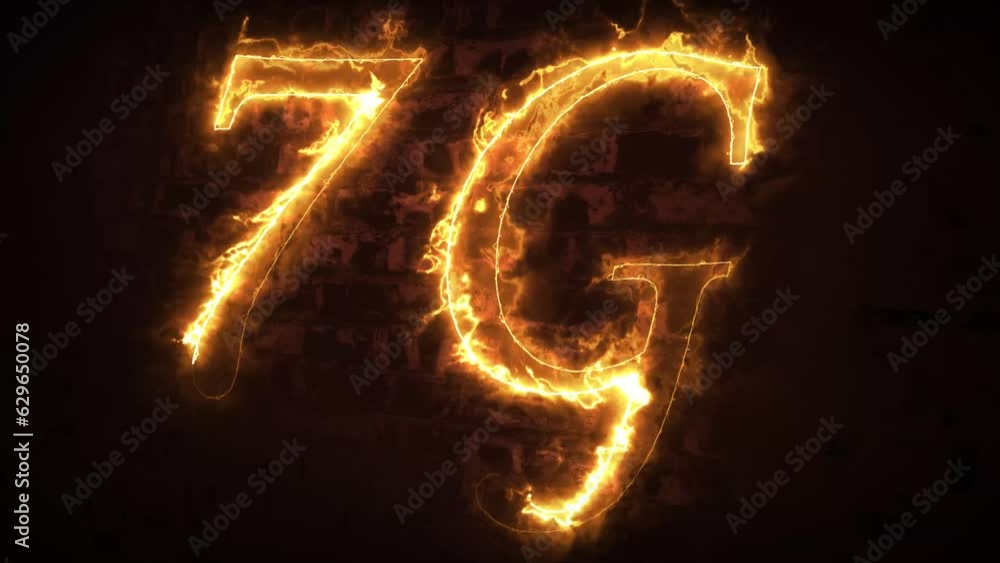 Fire 7G high speed network technology concept by fire light lines speed motion pattern isolated on black background for banner, logo, symbol. Glowing 7G text. 7G technology Cellular Network Animation. Fire 7G high speed network technology concept by fire light lines speed motion pattern isolated on black background for banner, logo, symbol. Glowing 7G text. 7G technology Cellular Network Animation.