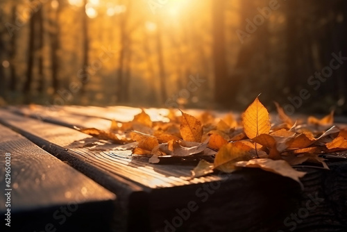 Autumn Table with orange leaves and rustic wooden plank closeup  © Roman