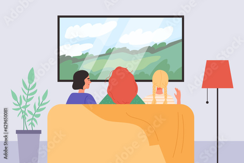 Three beautiful young women are sitting on the sofa and watching TV in pleasant room, back view vector flat illustration