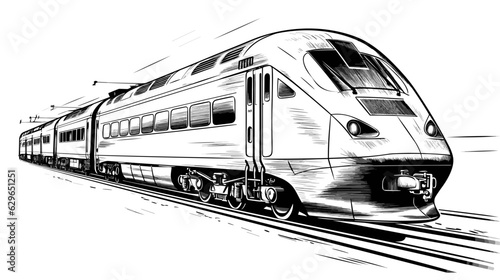 Black and white drawing of a modern train